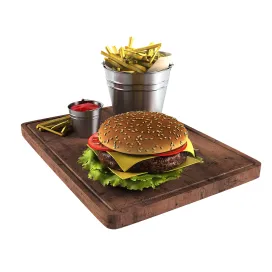 Hamburger french fries in a bucket